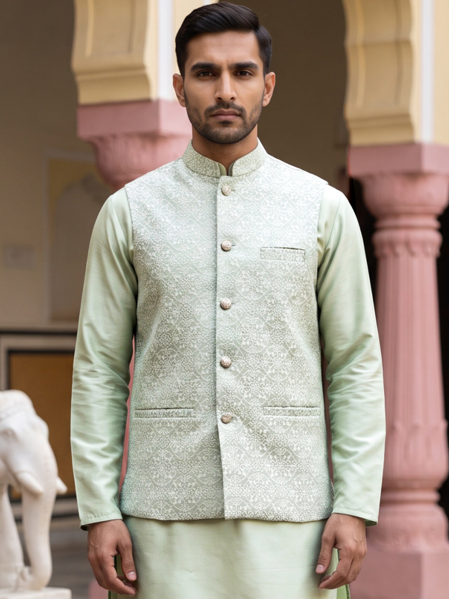 DesiQlo Men Woven Design Nehru Jacket and Kurta Pyjama  - 65WC_4184Pis