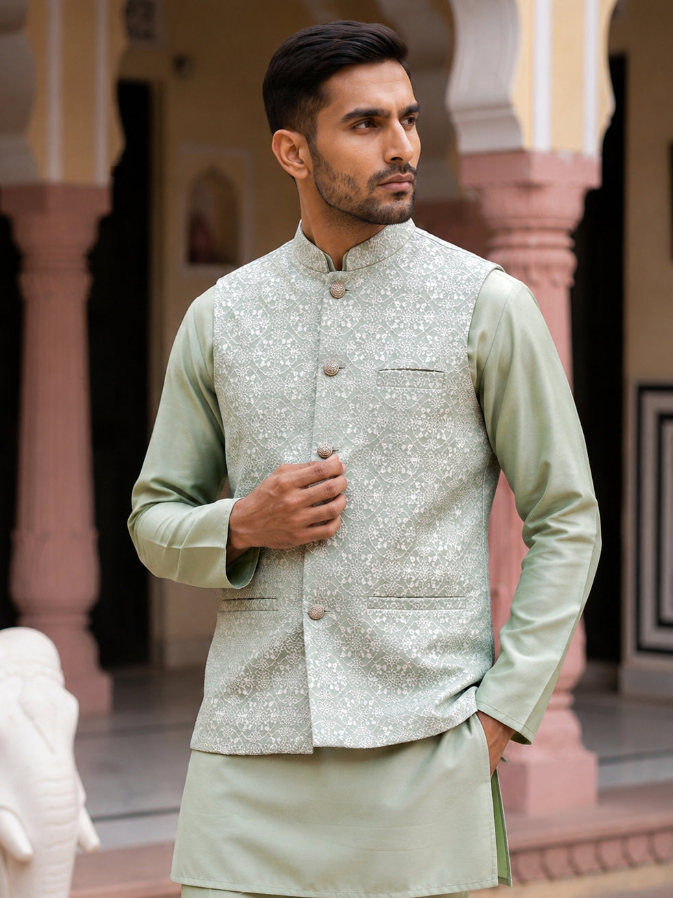 DesiQlo Men Woven Design Nehru Jacket and Kurta Pyjama  - 65WC_4184Pis