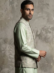 Men Jacquard Woven Design Nehru Jacket ( 65WC 4185Pista )