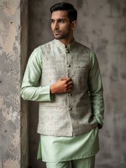 Men Jacquard Woven Design Nehru Jacket ( 65WC 4185Pista )