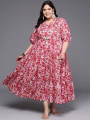 Plus Size Floral Printed Puff Sleeves Pure Cotton Maxi Ethnic Dress-AP-AHEDCOWX-237