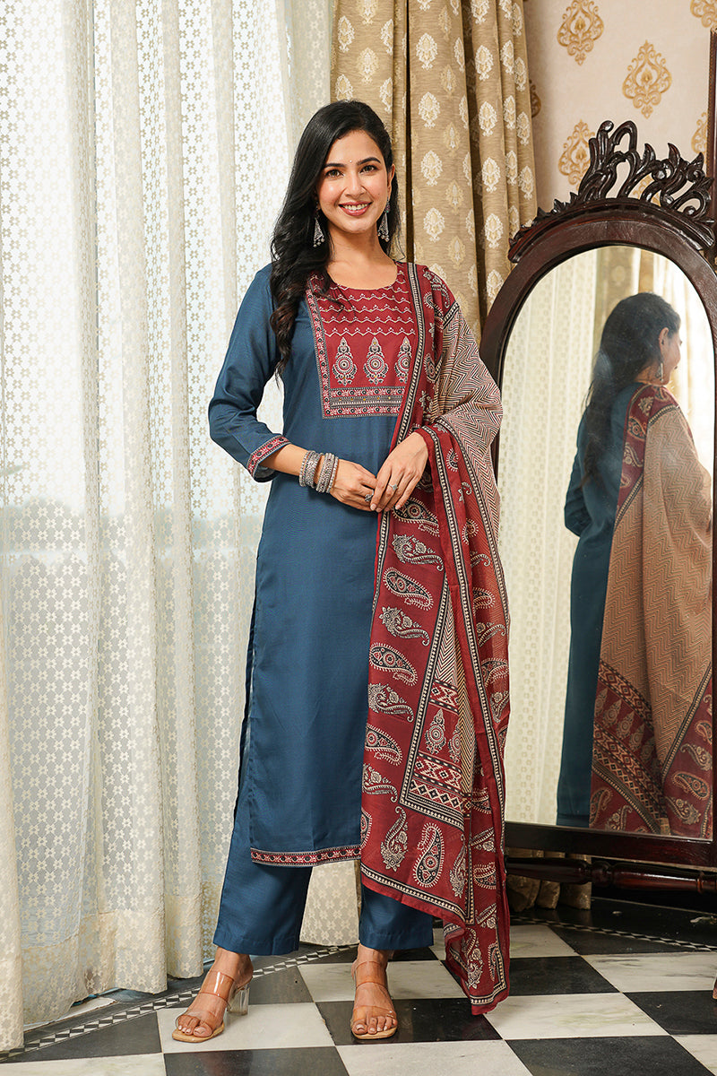 Blue Rayon Blend Ajrakh Printed Straight Kurta Trousers With Dupatta PKSKD3089