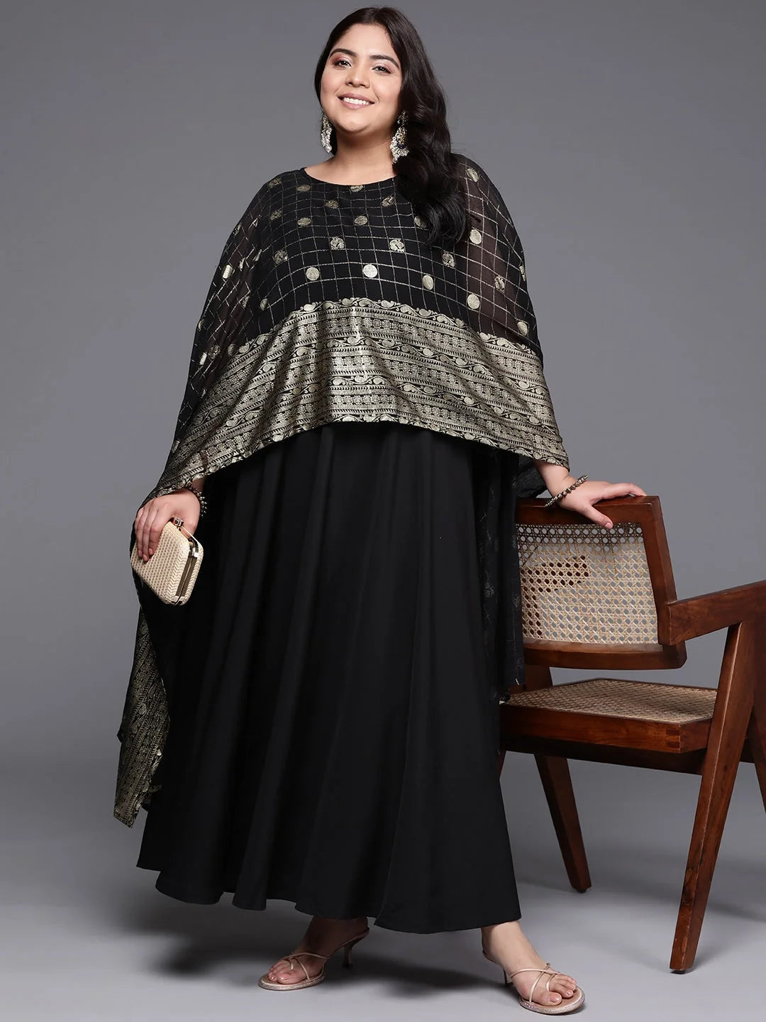 Plus Size Ethnic Gown with Cape Sleeves | Indian Dresses