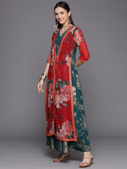 Green & Gold Printed Layered Dress-AHDRCRGRSM-992