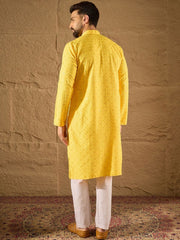 Ethnic Bay Men Yellow Viscose Rayon Solid Embroidered Straight Kurta With Pant Set-MKSET1222