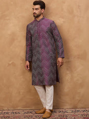 Ethnic Bay Men Purple Silk Blend Geometric Printed Straight Kurta With Pant Set-MKSET1521