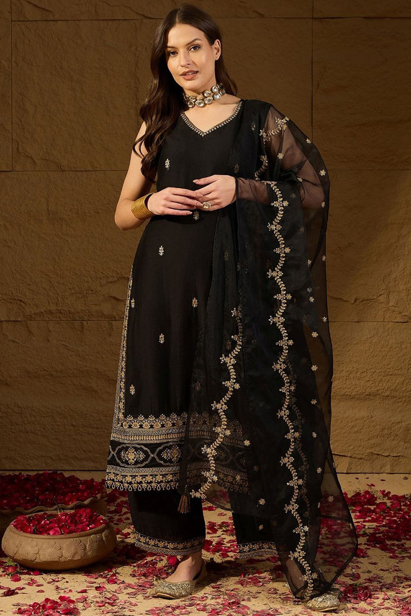 Black Silk Blend Embroidered Straight Kurta Palazzo With Dupatta HOPKS