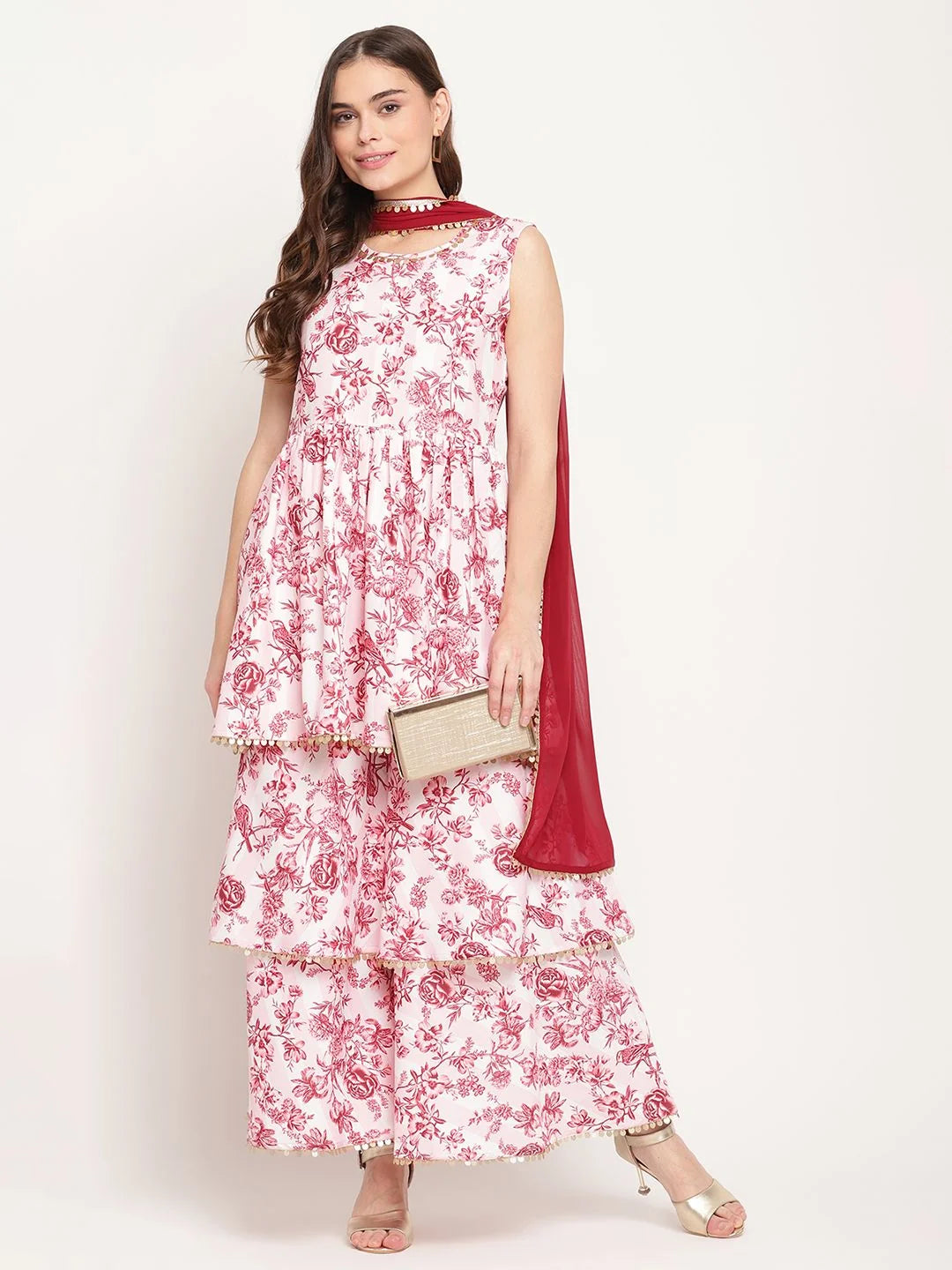 White Floral Print Sharara Set for Women | Designer Garara Pants