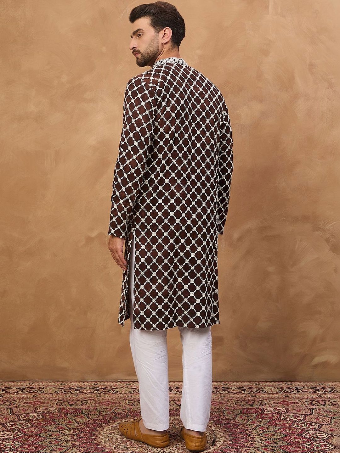 Ethnic Bay Men Brown Viscose Rayon Solid Embroidered Straight Kurta With Pant Set-MKSET1536