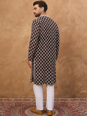 Ethnic Bay Men Brown Viscose Rayon Solid Embroidered Straight Kurta With Pant Set-MKSET1536