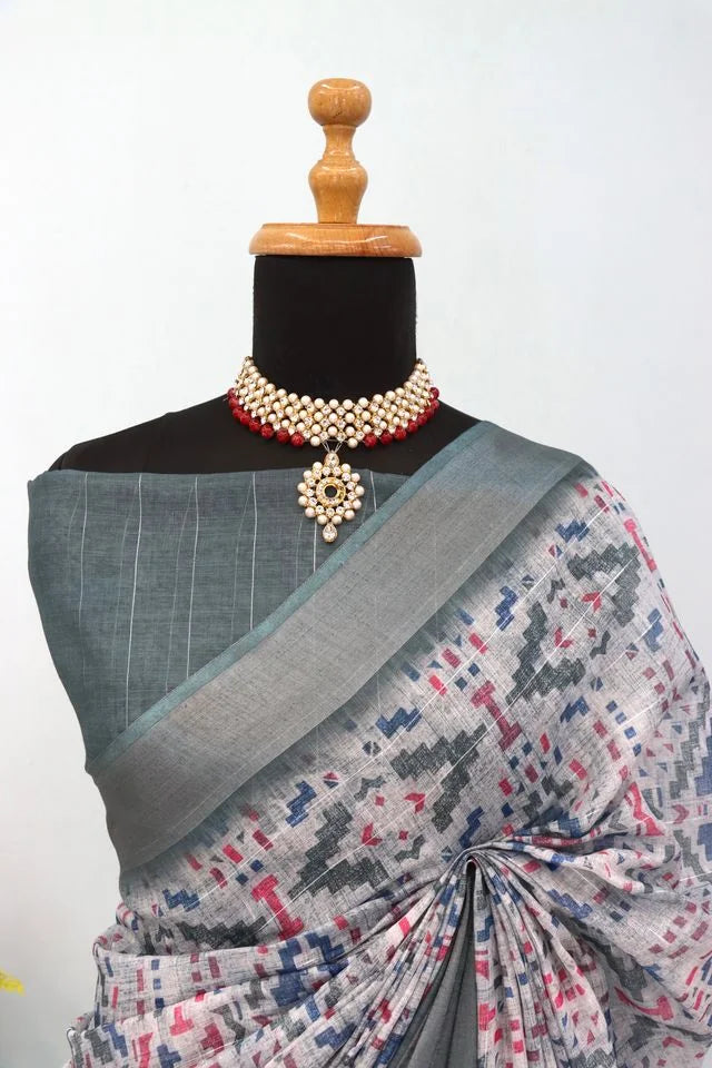 Linen Digital Print Grey Saree With Unstiched Blouse Piece-MPHL-74-GREY