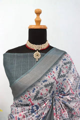 Linen Digital Print Grey Saree With Unstiched Blouse Piece-MPHL-74-GREY