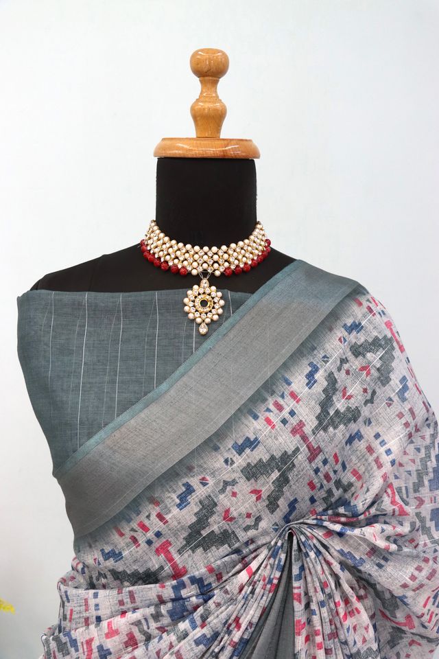 Linen Digital Print Grey Saree With Unstiched Blouse Piece