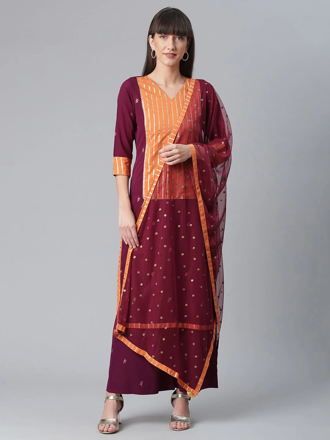 Wine & Orange Printed Kurta Palazzo Set With Dupatta