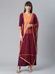 Wine & Orange Printed Kurta Palazzo Set With Printed Dupatta-AHKUDUPZ-COMBO-345