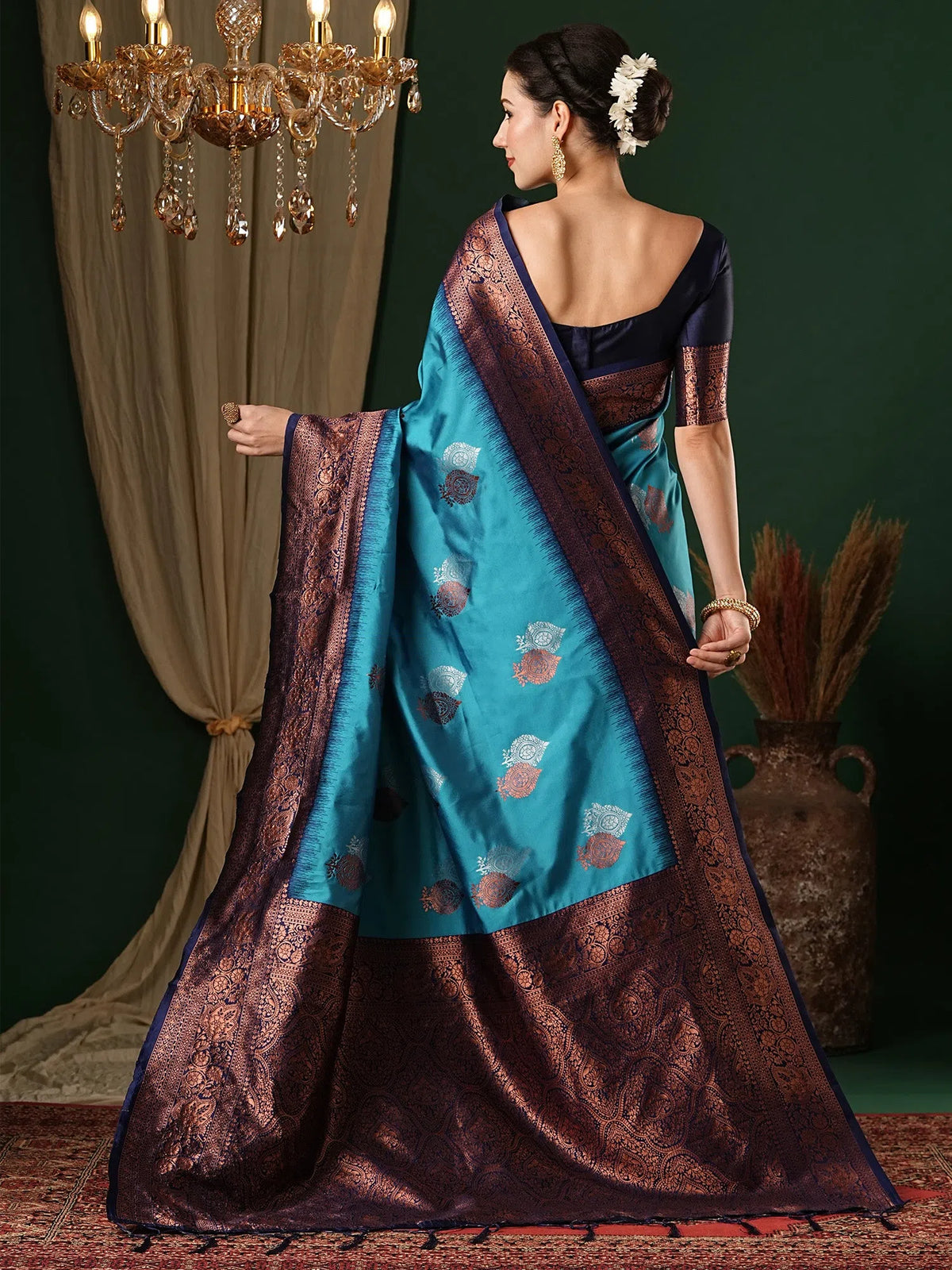 Women's  Blend Light Blue Woven Design Designer Saree With Blouse Piece-6REEVA6003