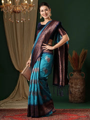 Women's  Blend Light Blue Woven Design Designer Saree With Blouse Piece-6REEVA6003