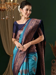 Women's  Blend Light Blue Woven Design Designer Saree With Blouse Piece-6REEVA6003