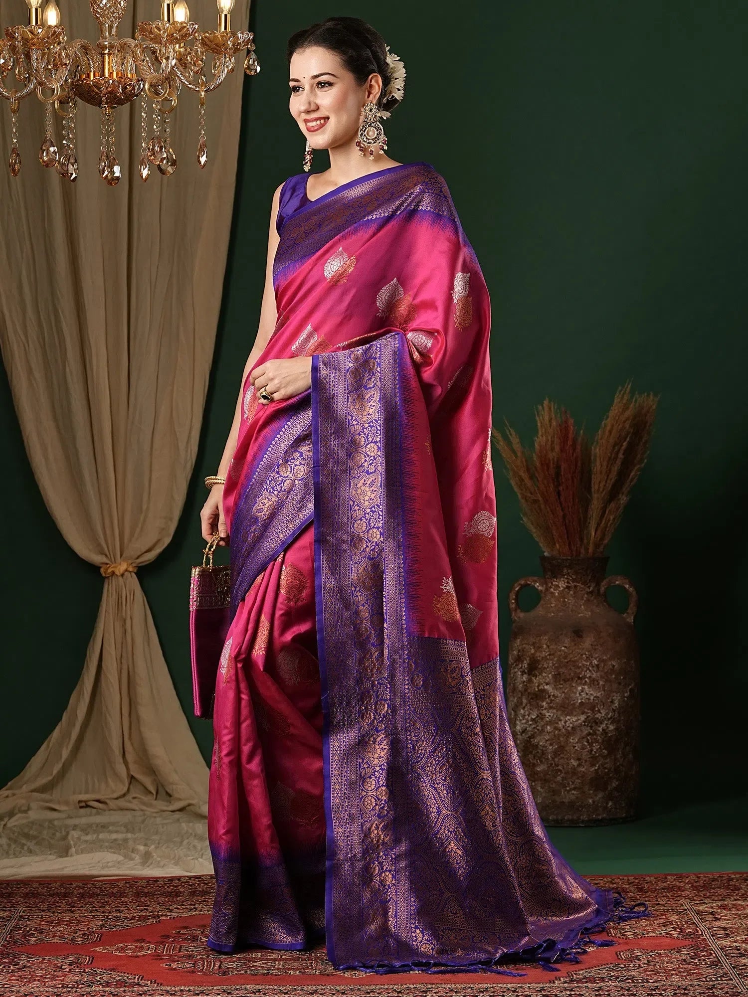 Pink Polyester Saree with Blouse | Designer Sarees India