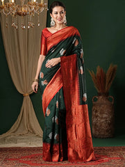 Women's Blend Green Woven Design Designer Saree With Blouse Piece-6REEVA6005