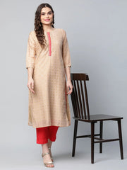 Beige & Red Chanderi Printed Kurta Pant Set-AHKUPN-COMBO-429