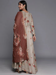 Brown & Grey Floral Printed Plus Size Maxi Ethnic Dress With Dupatta-AP-AHDRDU-COMBO-287