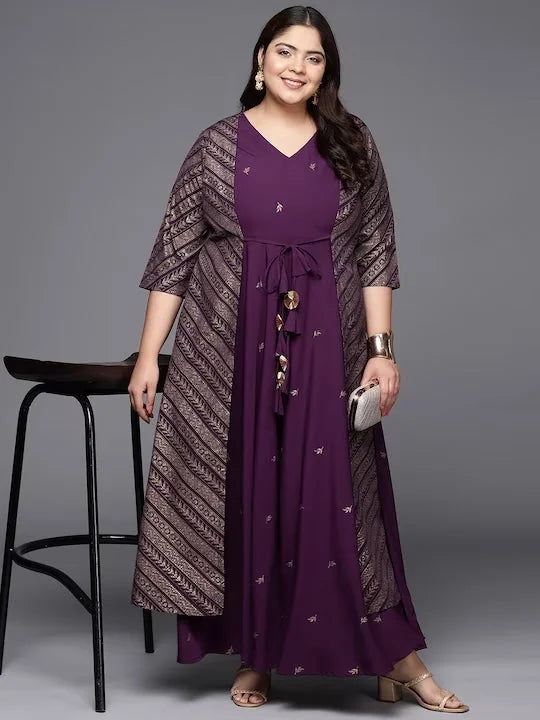 Burgandy & Gold Geometric Maxi Dress - Indian Dresses Online