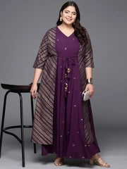Burgandy & Gold Printed Plus Size Maxi Ethnic Dress-AP-AHKUCRGP-886