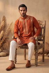 Orange Silk Blend Solid Emboidered Straight Kurta With Trouser MKSET2371
