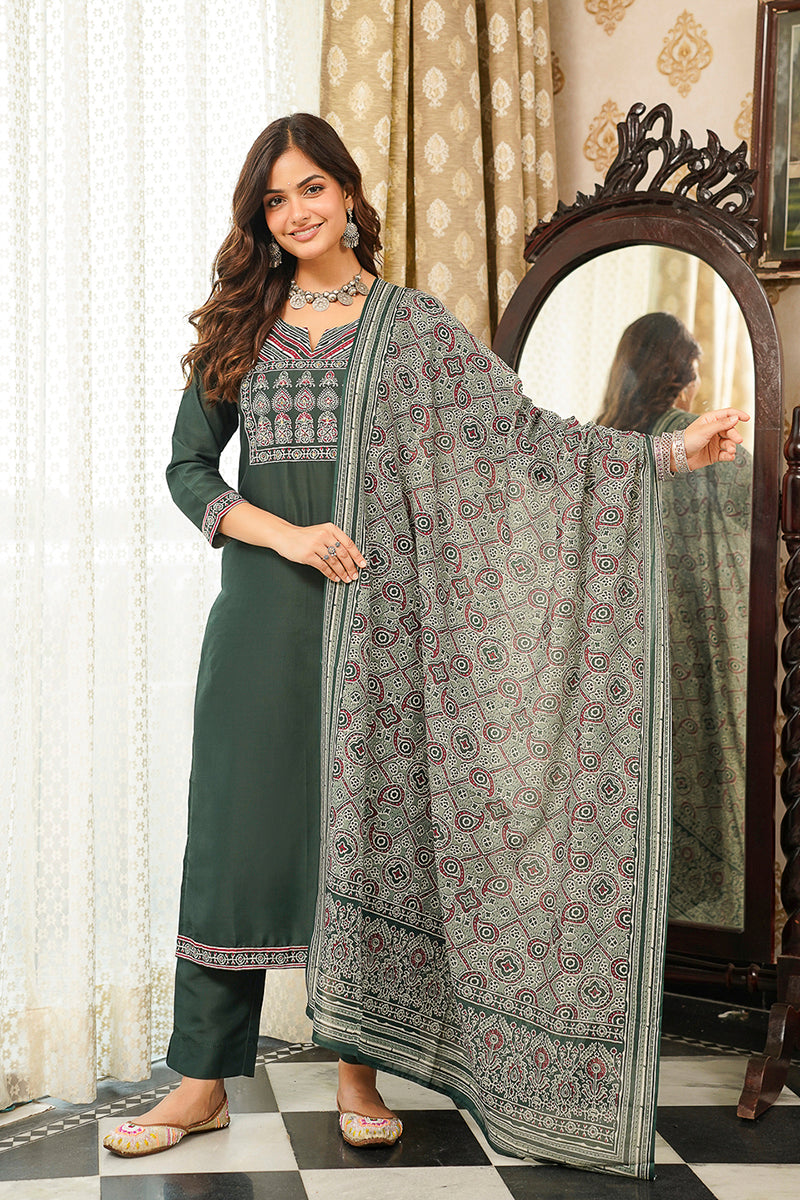 Green Rayon Blend Ajrakh Printed Straight Kurta Trousers With Dupatta PKSKD3066