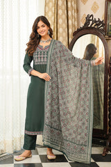 Green Cotton Blend Ajrakh Printed Straight Kurta Trousers With Dupatta PKSKD3066