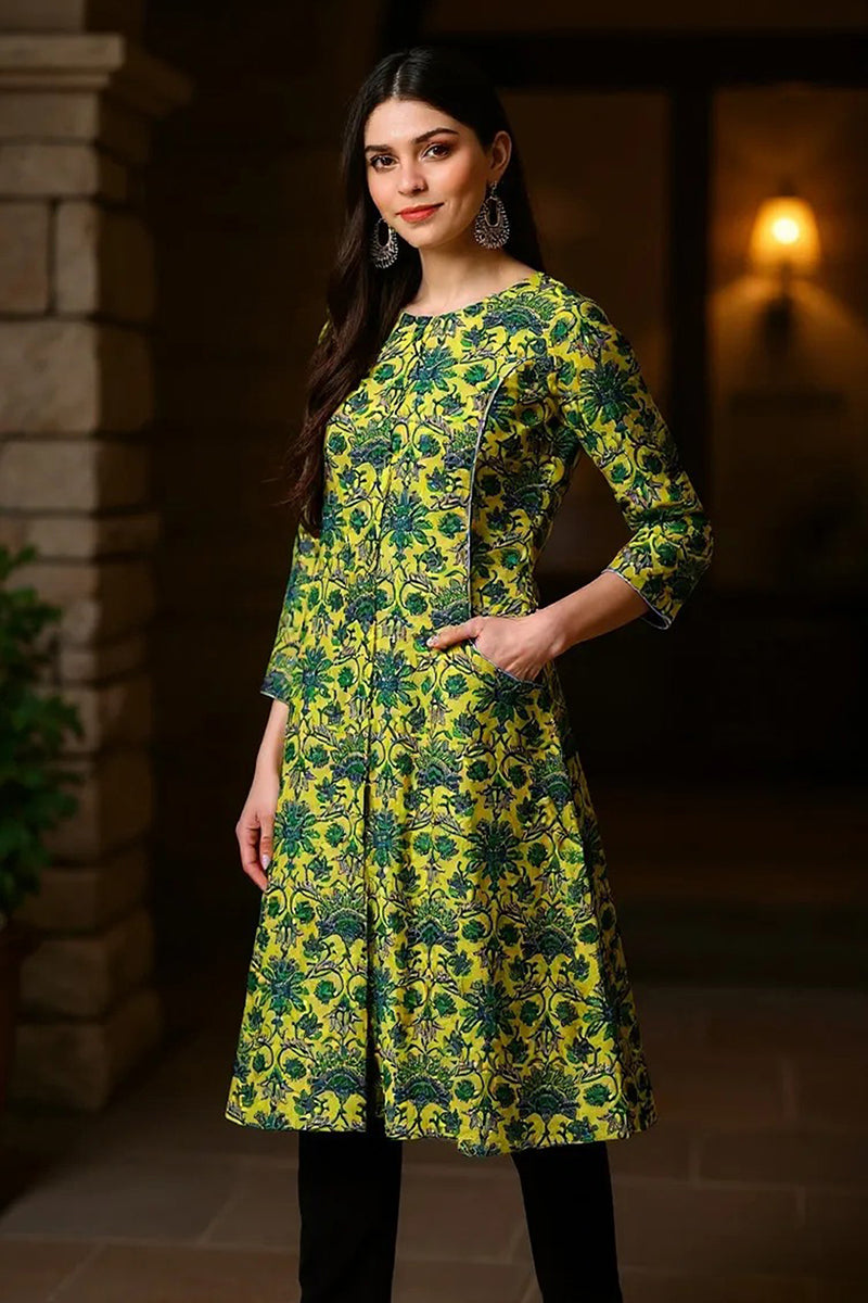 Women Cotton Printed Simple Function Wear Green Kurti VCK1528 | DesiQl