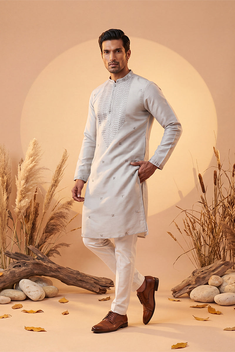 Grey Silk Blend Solid Emboidered Sequins Kurta With Trouser MKSET2280