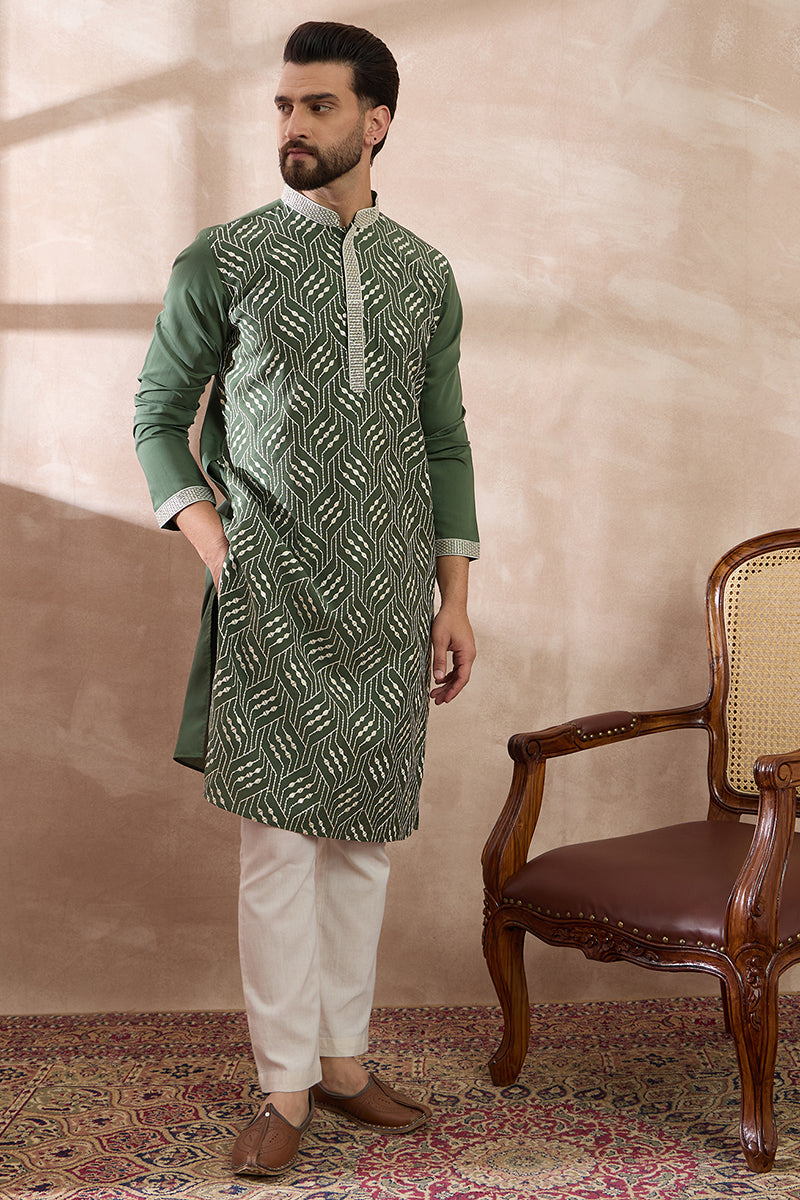 Green Silk Blend Embroidered Mandarin Collar Straight Kurta MKU2081