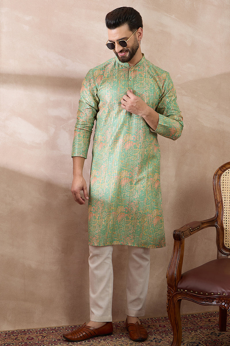 Green Silk Blend Printed Mandarin Collar Straight Kurta MKU2113