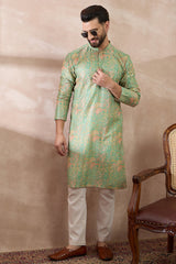 Green Silk Blend Printed Mandarin Collar Straight Kurta MKU2113