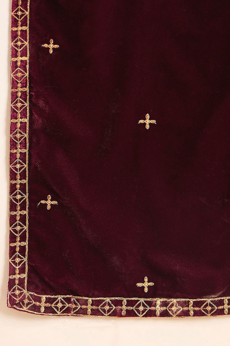 Purple Velvet Solid Embroidered Straight Palazzo Suit Set PKSKD2273 | 