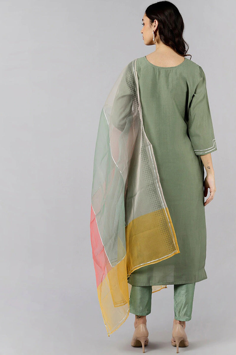 Olive Green Poly Silk Embroidered Straight Suit Set PKSKD1237