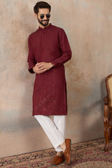 Maroon Silk Blend Solid Emboidered Straight Kurta MKU2289