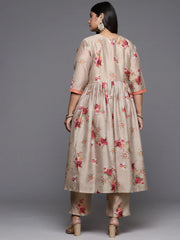 Tan Floral Printed Plus Size Kurta with Trousers-AP-AHKUPN-COMBO-793