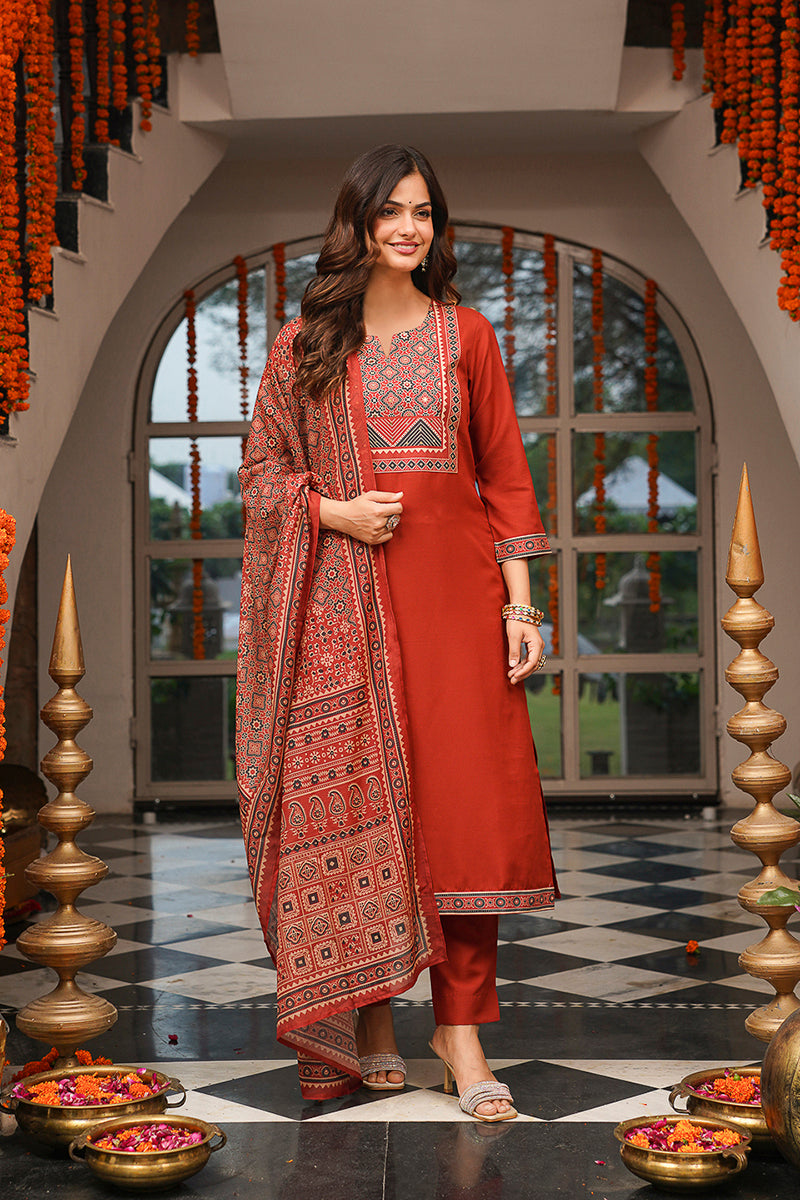 Brown Rayon Blend Ajrakh Printed Straight Kurta Trousers With Dupatta PKSKD3083