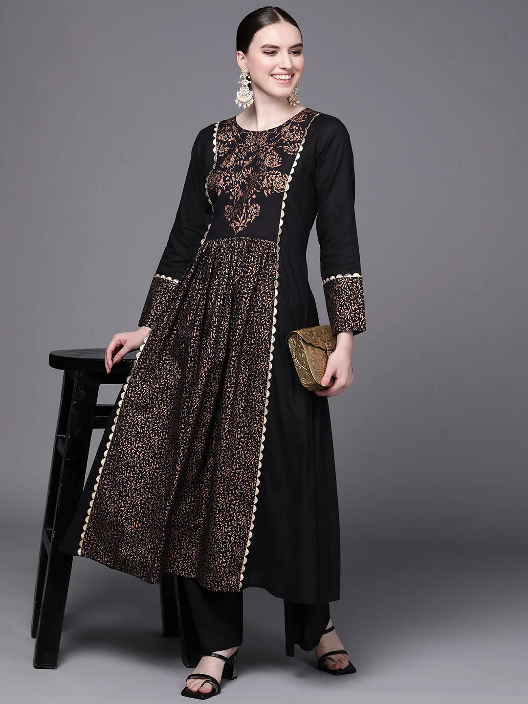 Black Floral Cotton Kurta Palazzo Set | Women's Indian Fashion