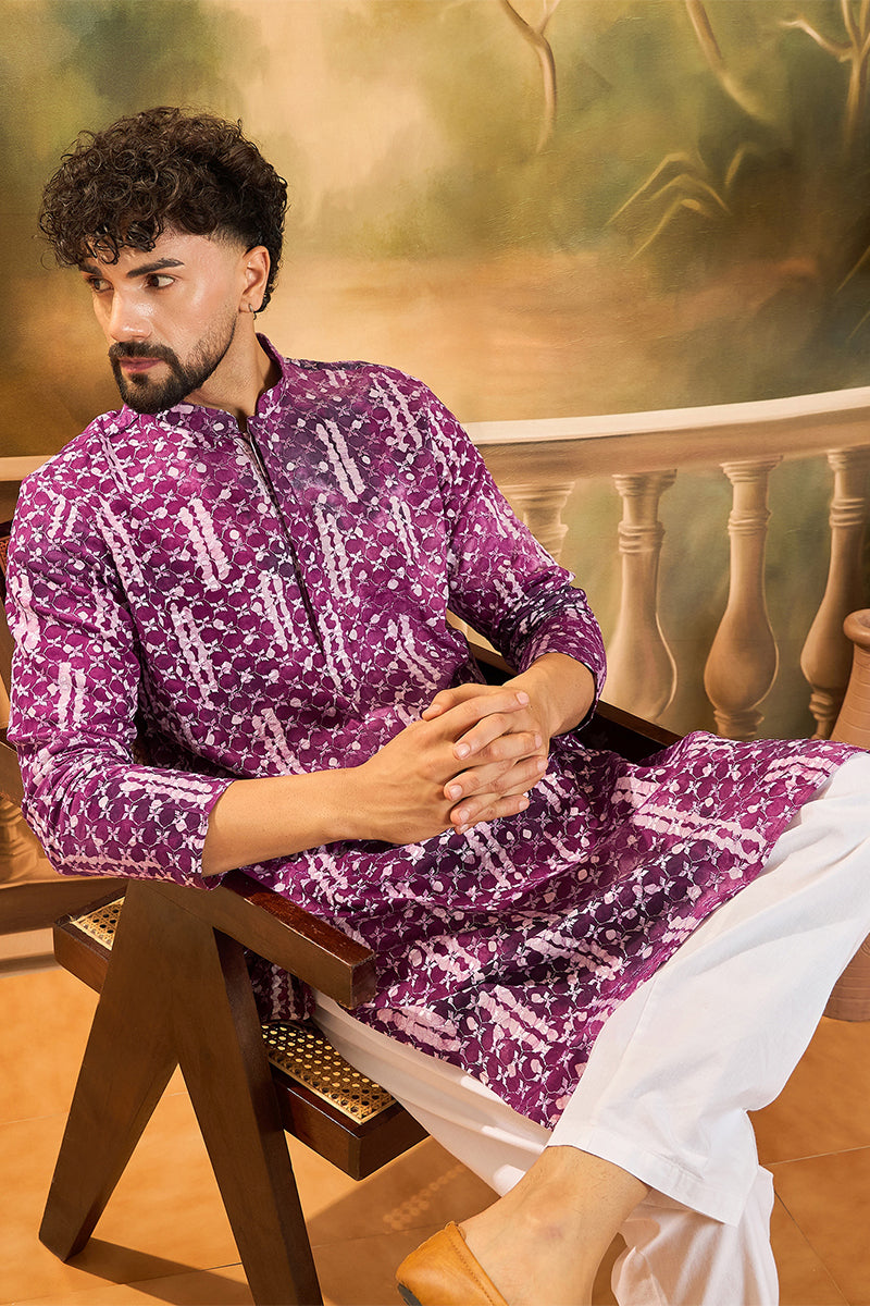 Purple Viscose Rayon Shibori Embroidered Straight Kurta MKU1478