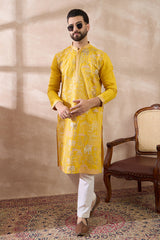 Yellow Silk Blend Embroidered Mandarin Collar Straight Kurta MKU2053
