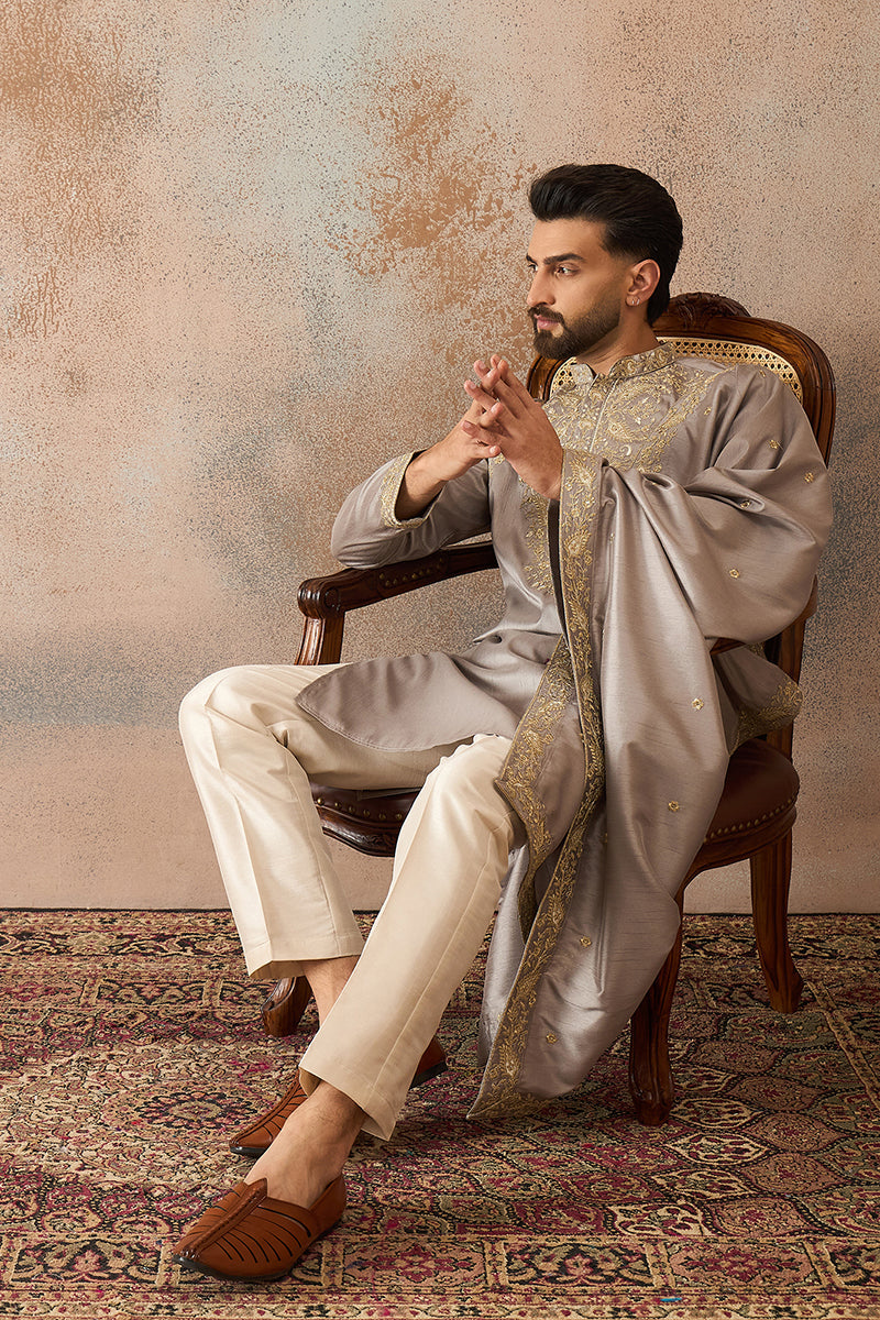 Grey Silk Blend Embroidered Ethnic Kurta with Trousers & Dupatta MKPD1044