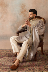 Grey Silk Blend Embroidered Ethnic Kurta with Trousers & Dupatta MKPD1044