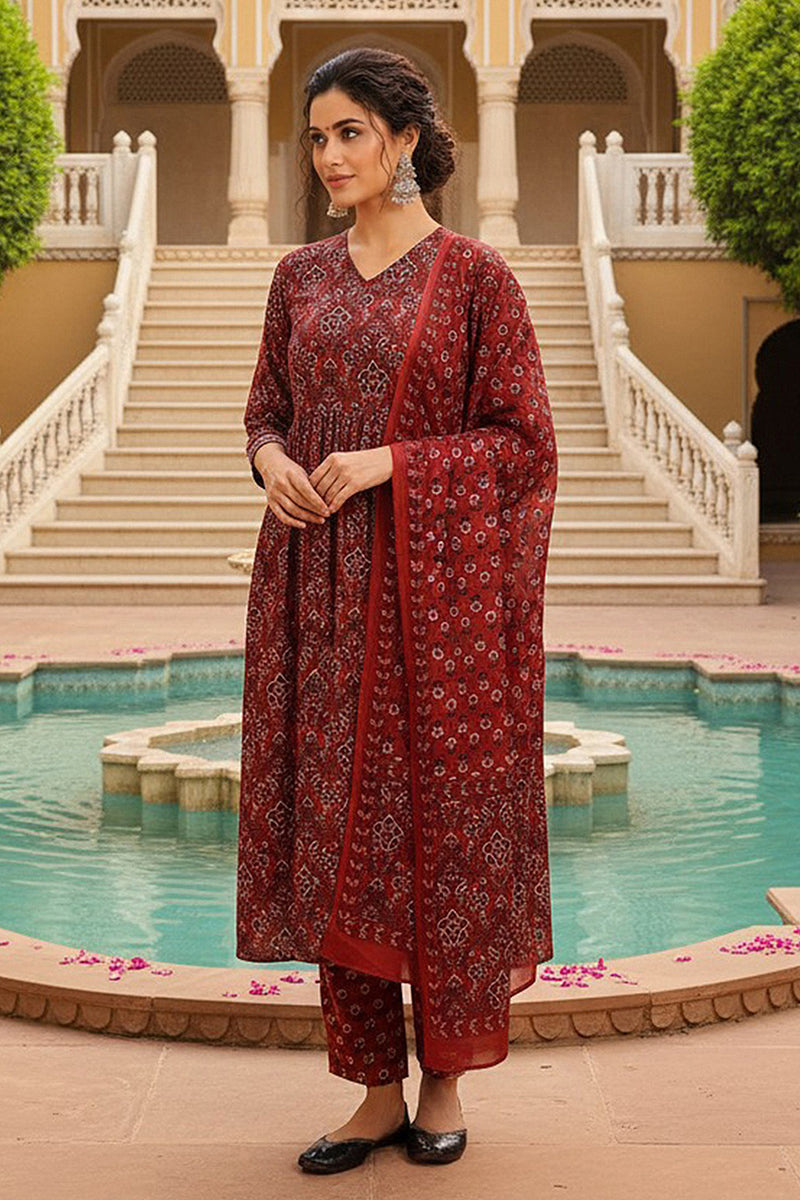 Red Rayon Blend Floral Printed A-Line Trouser Bottom Suit Set VKSKD227