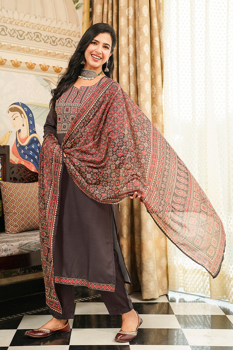 Black Rayon Blend Ajrakh Printed Straight Kurta Trousers With Dupatta PKSKD3065