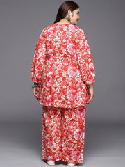 Red & White Printed Plus Size Pure Cotton Tunic with Palazzos-AP-AHTUPZ-COMBO-716