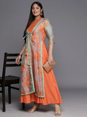 Orange, Gold & Green Printed Plus Size Maxi Ethnic Dress-AP-AHKUCRFP-871